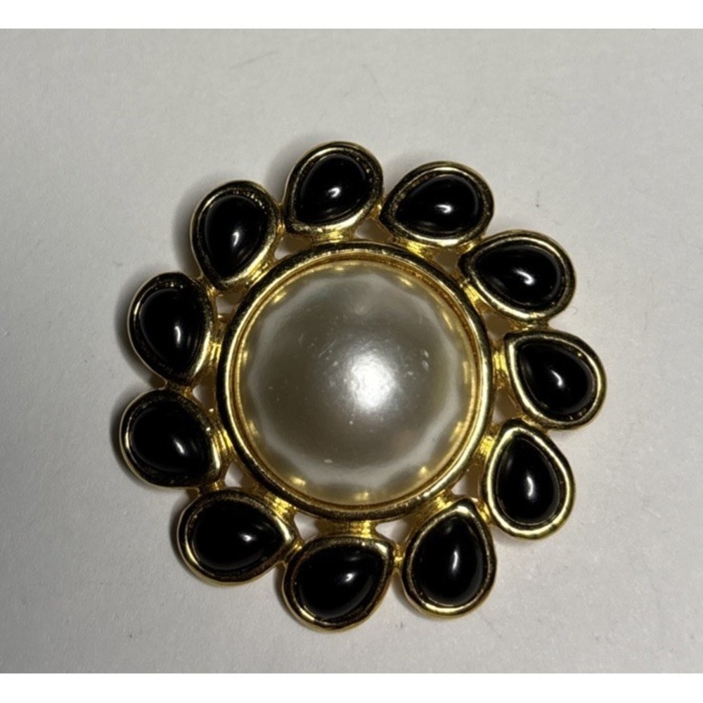 Vintage Napier Black Enamel Faux Pearl Gold Tone Floral Brooch Pin 1-1/2"